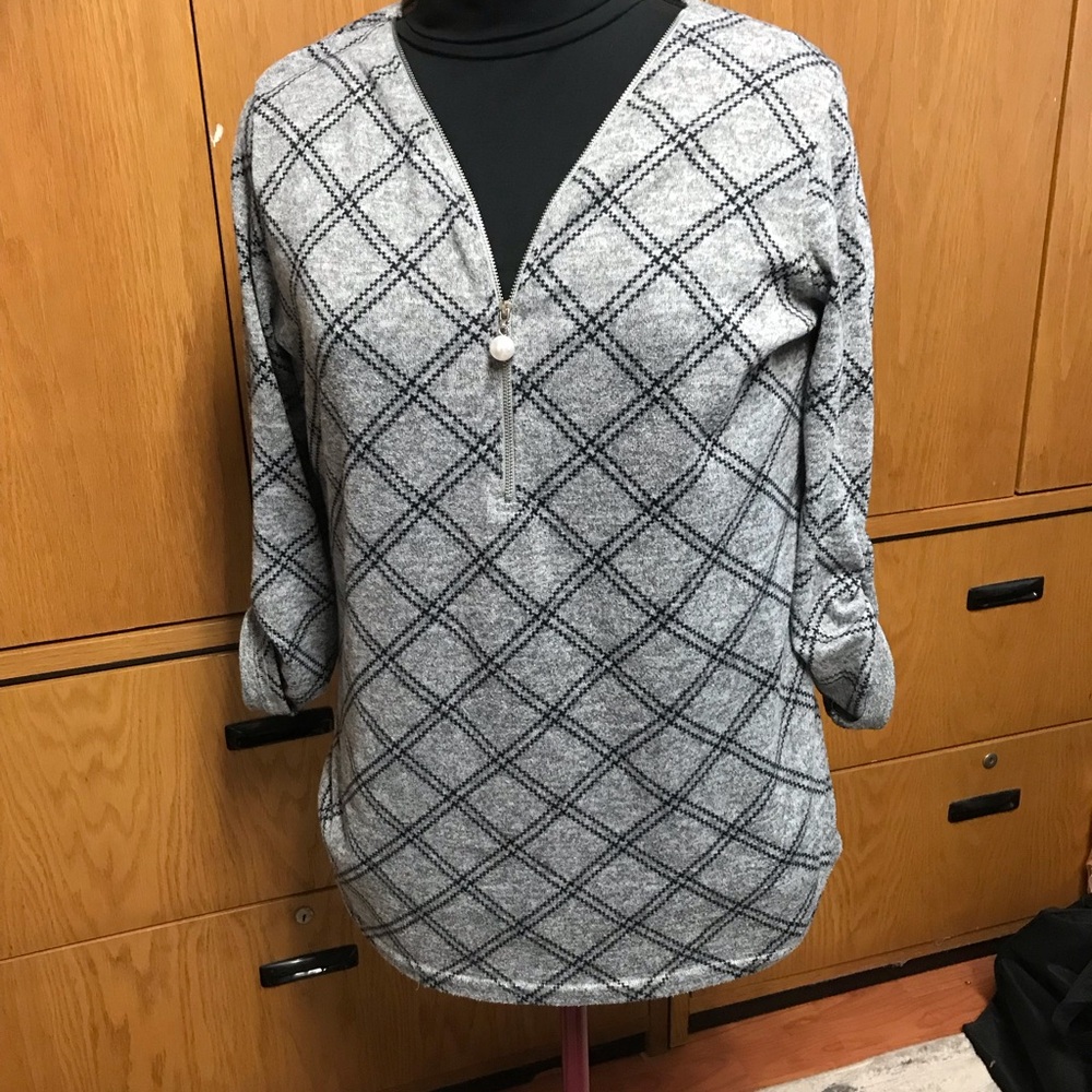 Plaid Grey V-Neck Women's Top